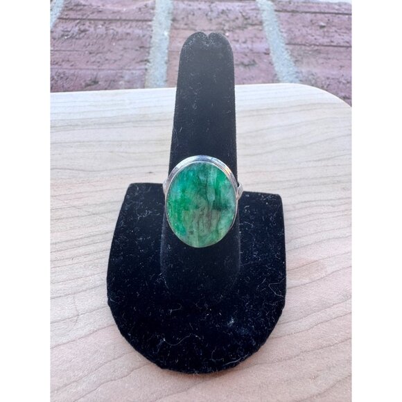 Sterling Silver Ring Green Adventurine Oval Cabochon Size 9 India Vintage - Picture 2 of 9